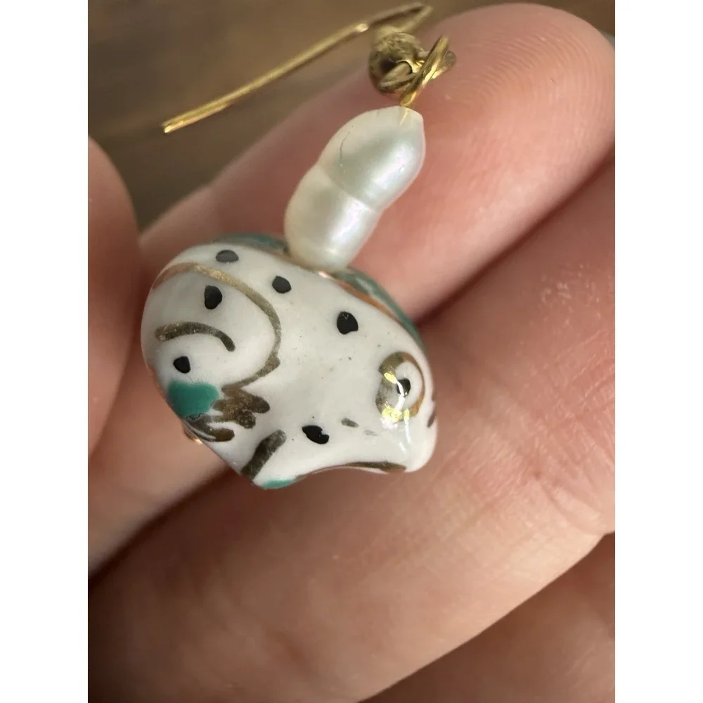 Vintage Ceramic Frog Hand Painted Dangle Drop Pierced Earrings